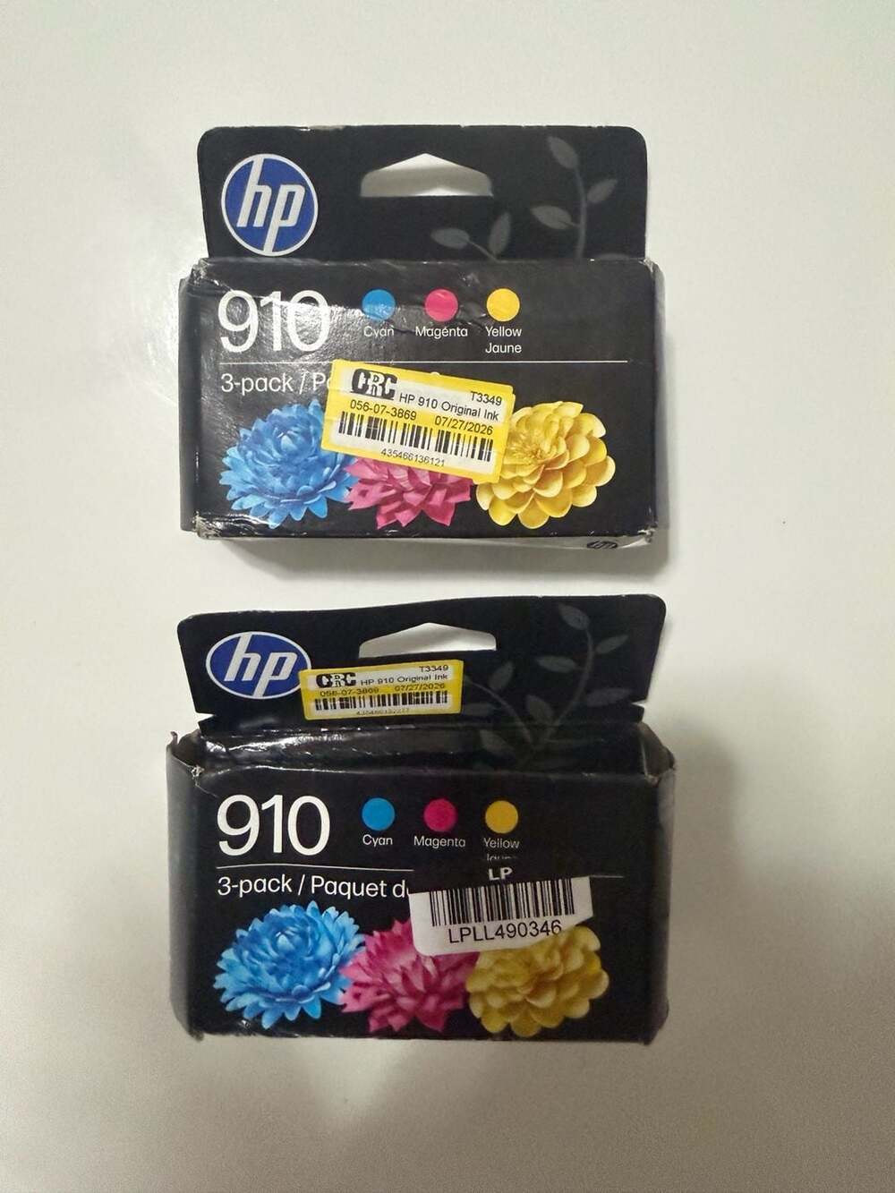lot of 2 HP 910 Original Ink Combo 3-Pack - CMY EXP DEC 2027